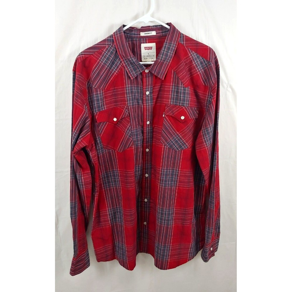 Vtg Levis Straus Mens Pearl Snap Shirt XL Long Sleeve Red Western Standard Fit